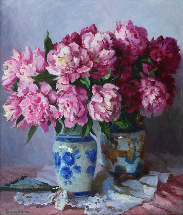 (image for) Handmade oil painting Copy paintings of famous artists Balakshin's galleries,Pink and red peonies - Click Image to Close